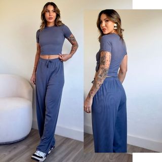 Conjunto Canelado Feminino Confortavel  cropped manga curta cropped canelado calça Pantalona calça canelado