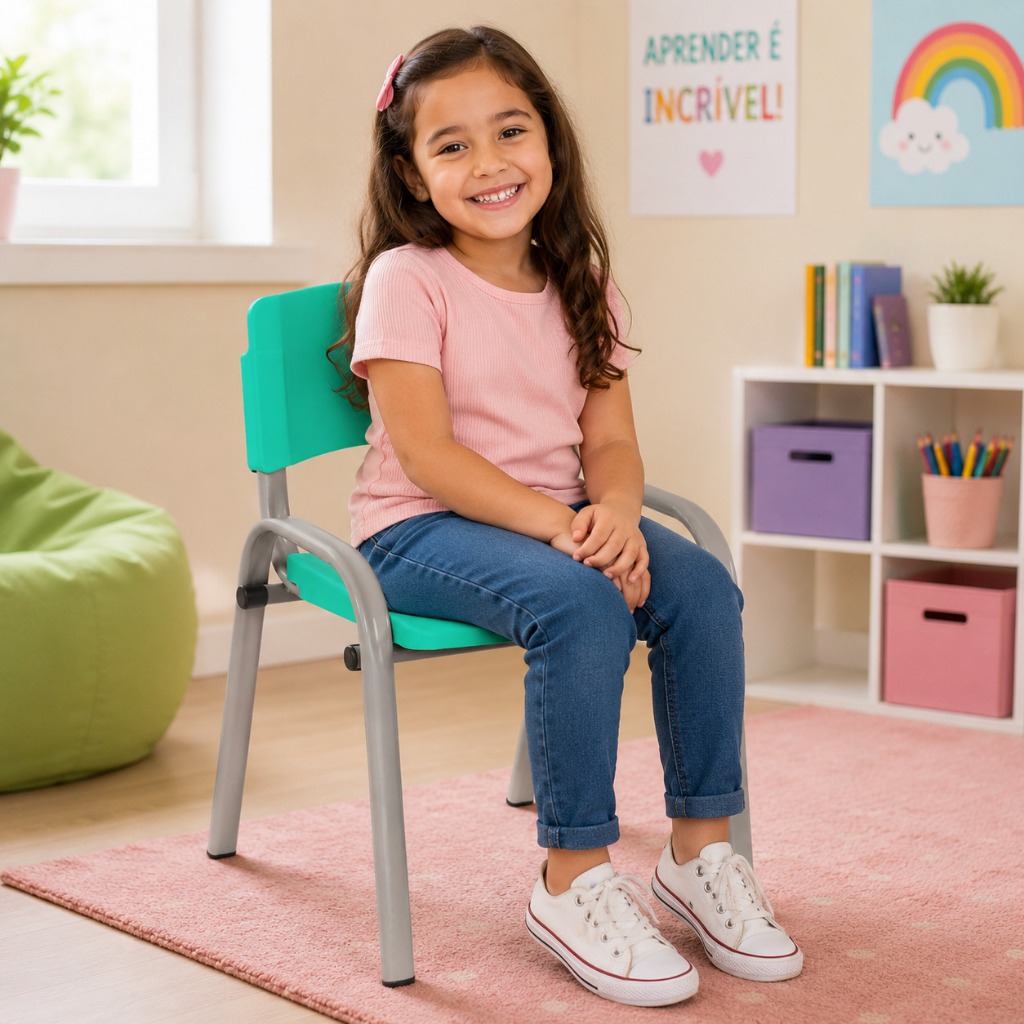 Cadeira Iso Infantil Empilhavel Escola Educativa Brinquedoteca Criança Base Cinza De Aço