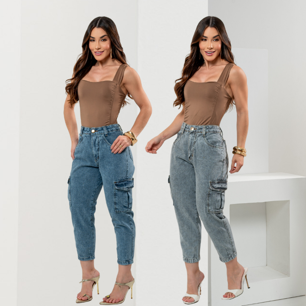 Calça Jeans Cargo Capri Moda Feminina