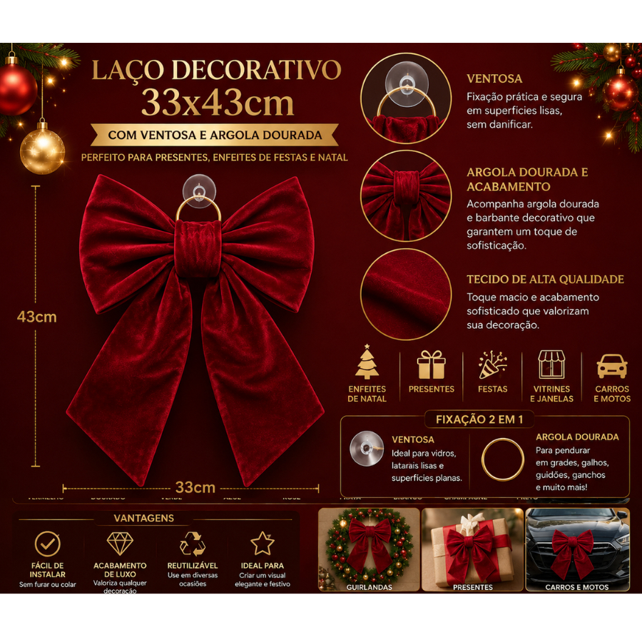 Laço VELUDO COM ARGOLA 33 x 43 decoração, motos, entrega de presente para decoração e Natal de alta Qualidade -Unidade — imagem 2 de 2