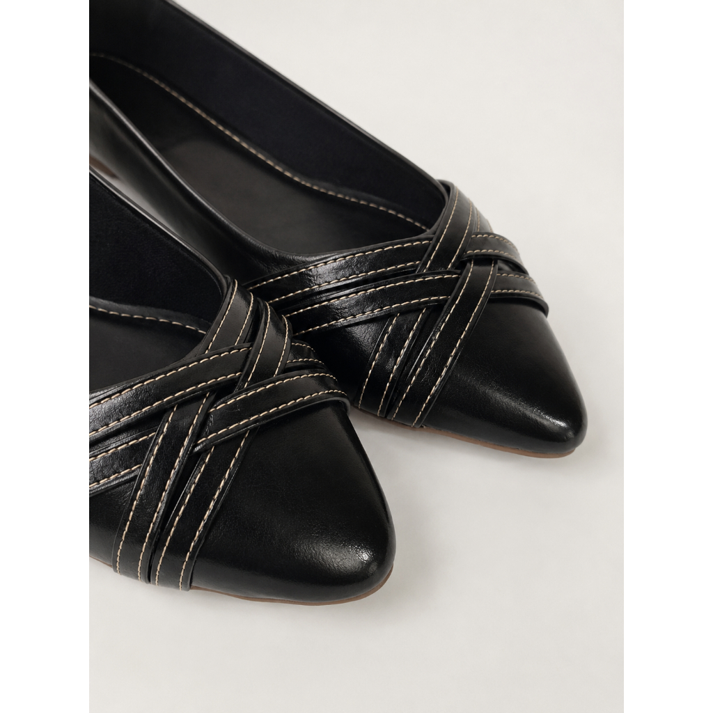Sapatilha Feminina Bico Fino Detalhe Cruzado Costurado Elegante Casual Inverno Confortável Macia