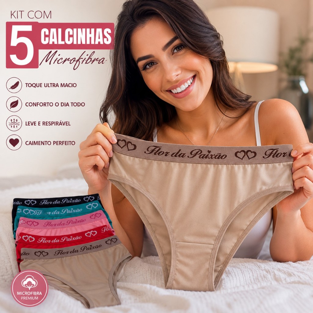 Kit 5 Calcinhas Femininas Microfibra Confortável Cintura Média