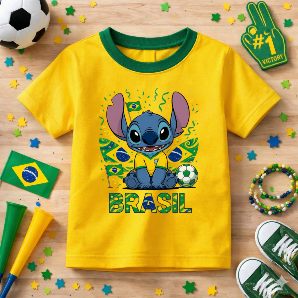 Camiseta Infantil Stitch Brasil Estampada Copa Do Mundo Algodão Macio Lançamento Crianças