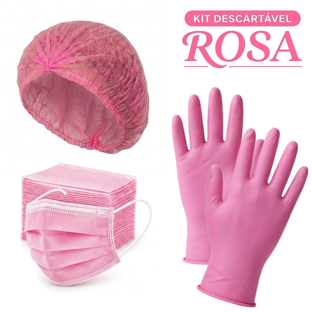 Kit 100 Luva Nitrílica+100Touca+50 Máscara Descartável Rosa TNT com registro ANVISA