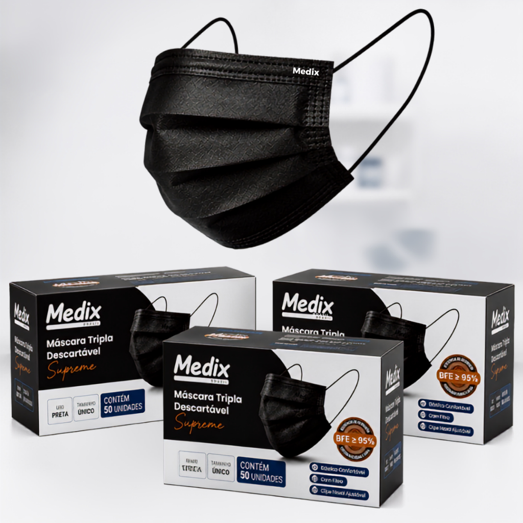 Kit 3 Caixas Máscara Tripla Descartável Medix Supreme Preto Cirurgica Hospitalar
