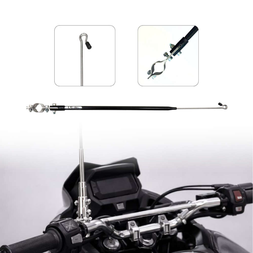 Antena Retrátil Corta-Pipa para Guidão de Moto Cromado 6 Estágios Reclinável Gancho Preto Preta