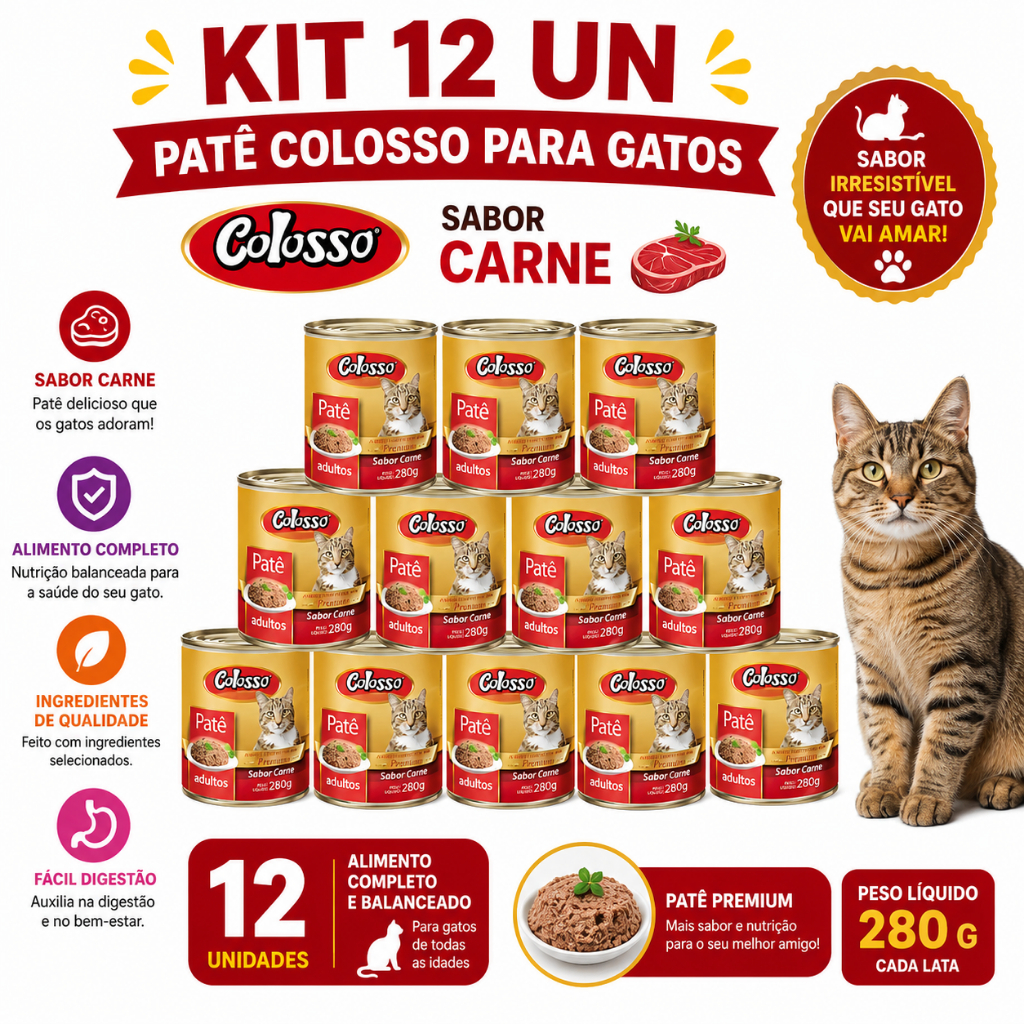 Kit 12 Un - Patê Colosso para Gatos sabor Carne 280 G