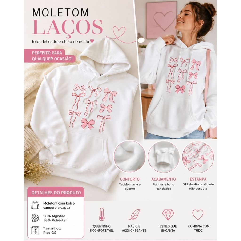 Moletom Confortável Canguru Flanelado Com Bolsos Estampa Laços Delicados Feminino Algodão Quentinho