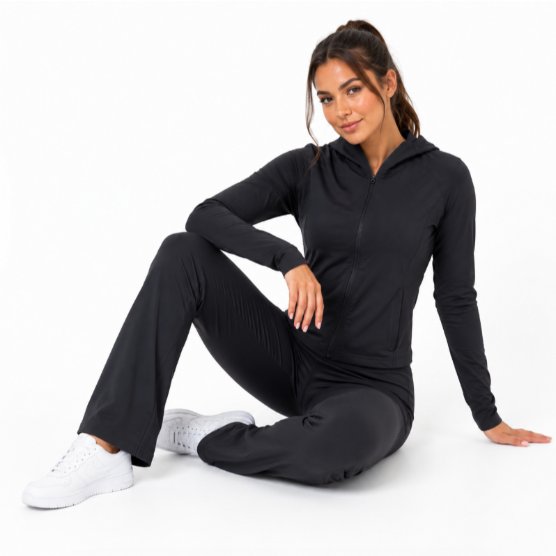 Conjunto Fitness Feminino Modelador Luxo Jaqueta com Capuz Calça Flare Academia Treino Moda