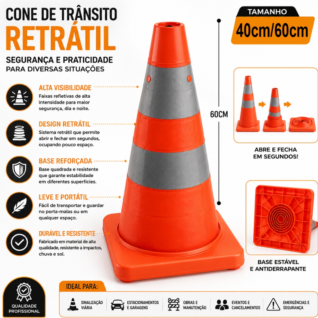 Cone De Trânsito Retrátil 40/60cm Dobrável Com Faixas Refletivas Base Reforçada Sinalização