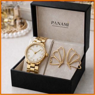 Kit Relógio Feminino Dourado Luxo + Brincos borboleta vazada Elegante | Presente Dia das Mães Panami