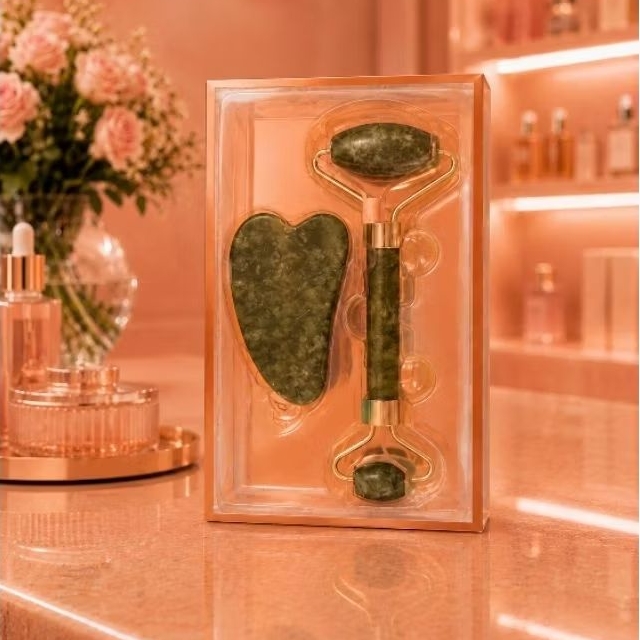 Kit Skincare Facial Jade Roller + Gua Sha | Massageador Facial para Drenagem, Relaxamento e Spa em Casa