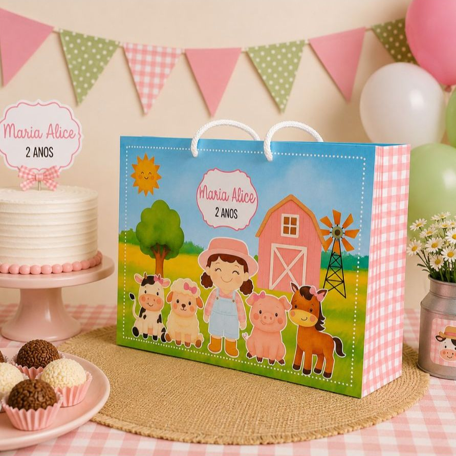 Kit Festa Sacolinha Personalizada Fazendinha Menina | Lembrancinha de Aniversário