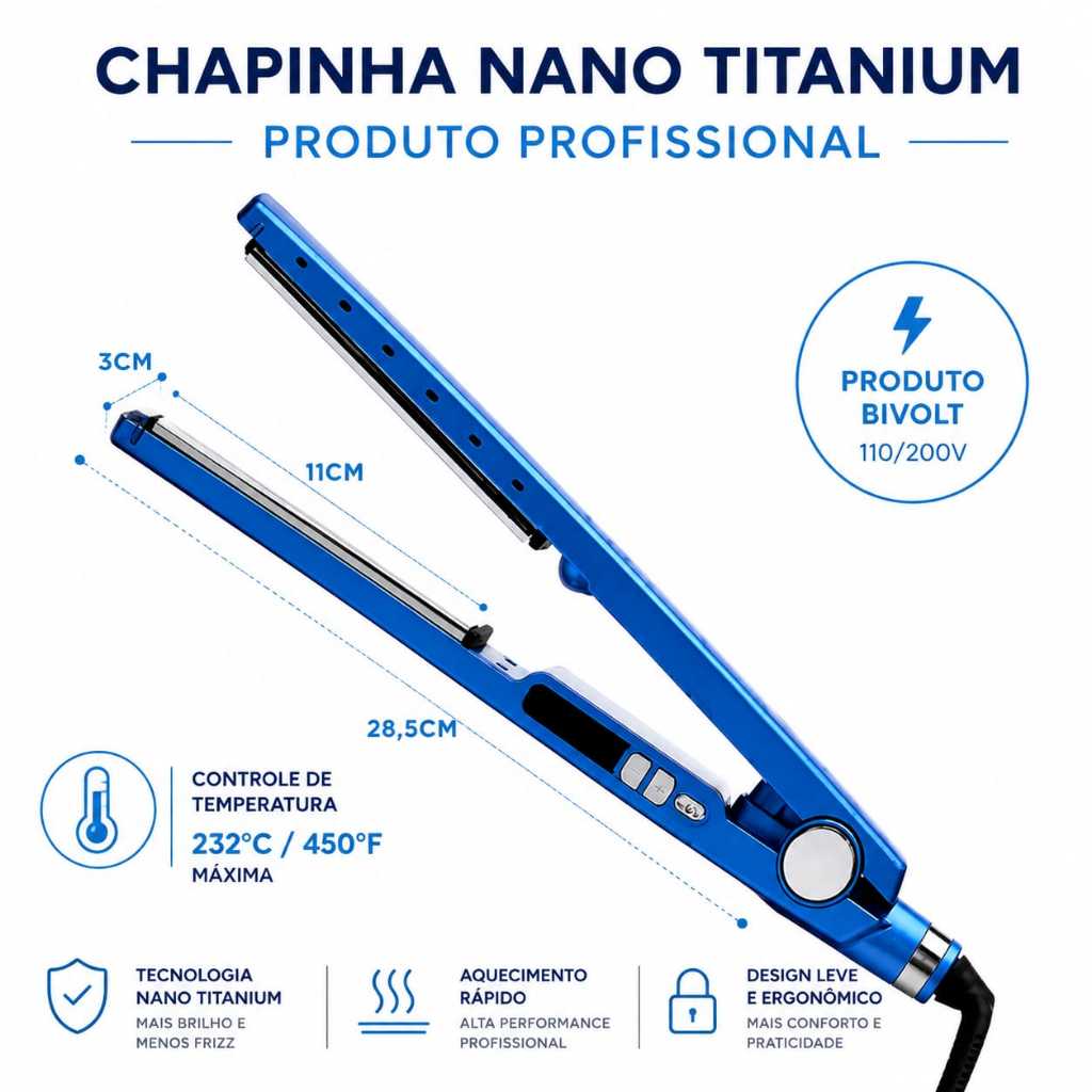Prancha Chapinha Alisadora Titanium Profissional Azul 232° Bivolt
