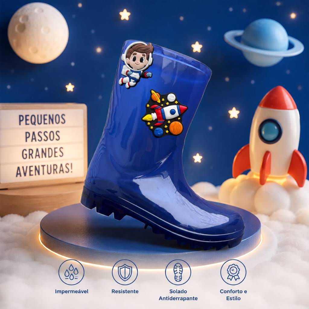 Bota Galocha Longa Infantil Menino Astronauta + Foguete Impermeável Leve e Confórtavel Diversas Cores
