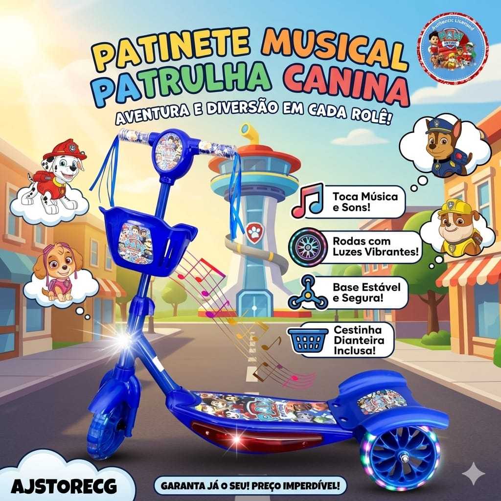 Patinete Infantil Menino Patrulha Canina 3 Rodas Com Música e Luz Ajustável + Surpresa Pronta Entrega no Brasil