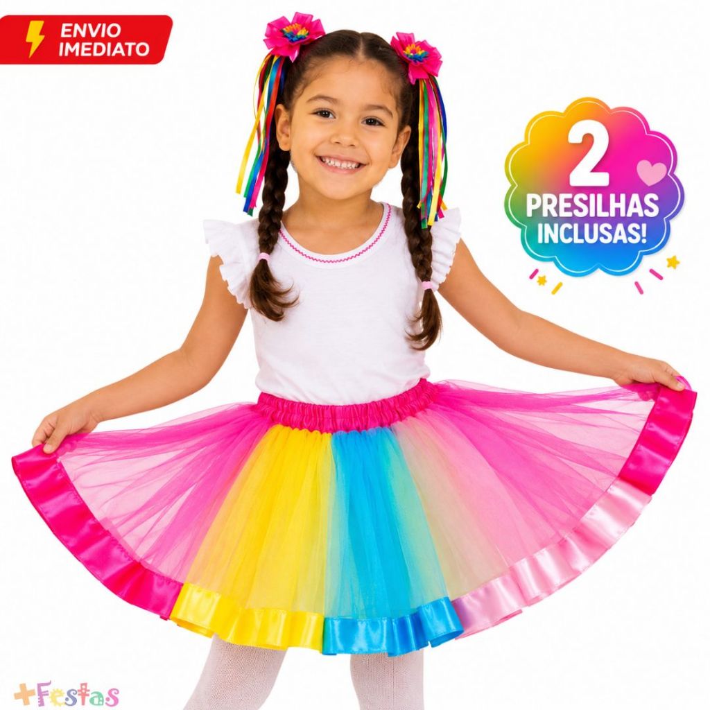 Kit Junino Saia Arco Íris Tule Colorida Infantil Fantasia + 2 Presilha Cabelo Festa Junina Quadrilha