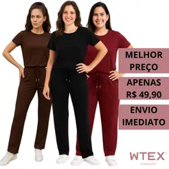 Conjunto Feminino VISCOLYCRA Malha Comfy Blusa Camiseta Manga Curta e Calça Pantalona Cintura Alta