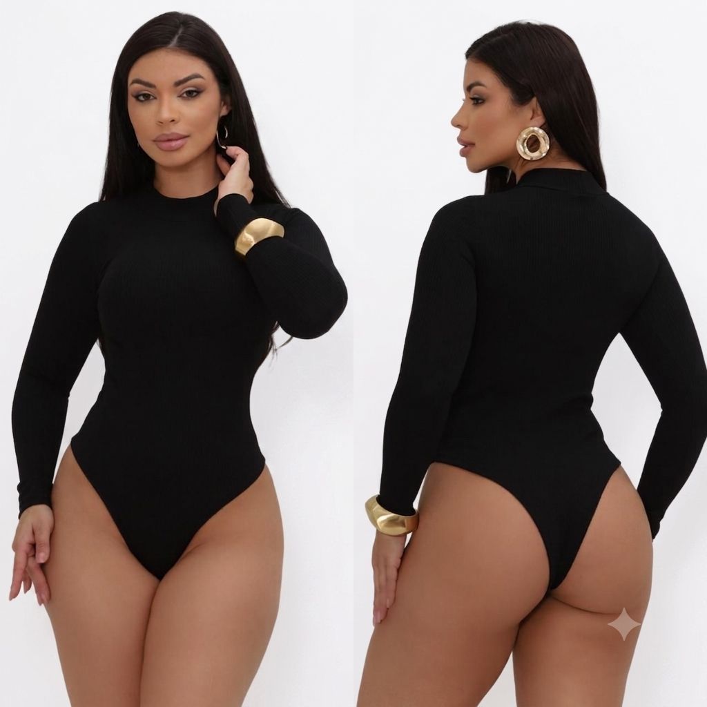 Body Blusa Feminino Gola Alta Manga Longa Canelado Justa Básica  Confortável  Inverno P ao G