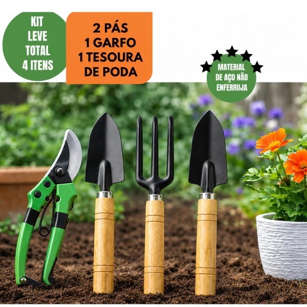 Ferramentas Jardinagem até 4 Peças - Tesoura de Poda e KIT jardim para flor plantas areia adubo