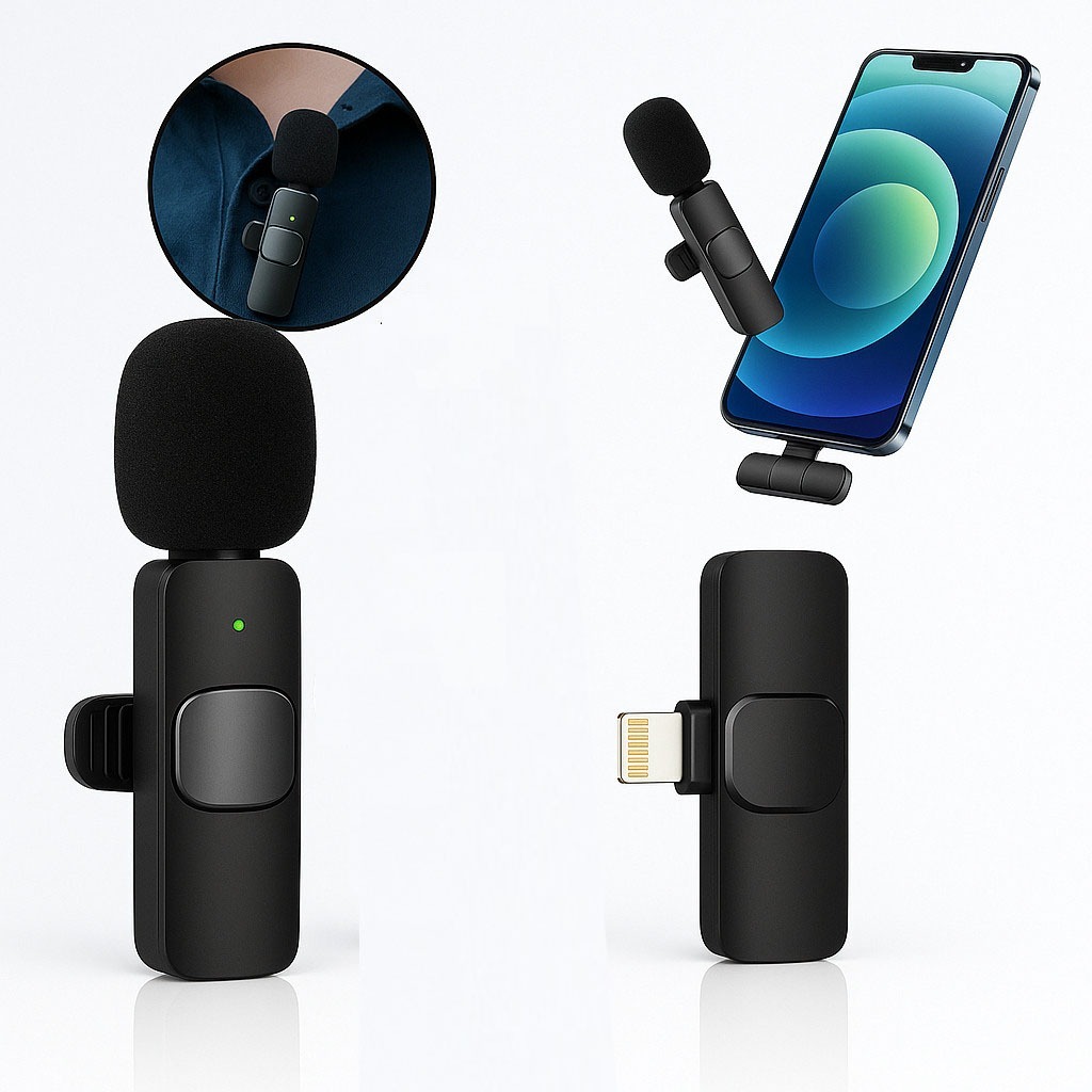 Microfone De Lapela Duplo Compatível iPhone Longo Alcance Entrada Lighting Sem Fio Profissional