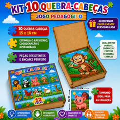 Kit 10 Quebra Cabeça em Mdf 12 Peças Jogo Pedagógico Infantil Lúdico Educativo Pronta Entrega