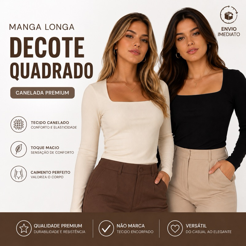 Blusa Decote Quadrado Manga longa Canelada Feminina Elegante Justa Algodão Moda Inverno Segunda Pele