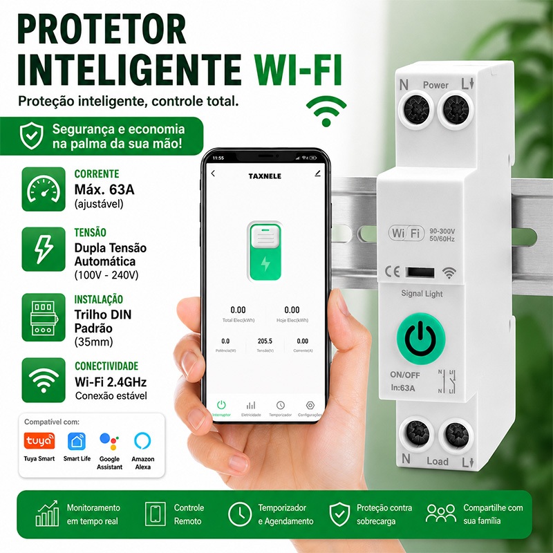 Trabalhe Com Tuya WiFi 63A Tuya Bivolt Disjuntor Alexa Google + Medidor Economia Bivolt (90V - 240V)
