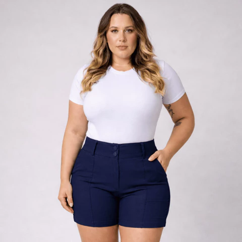 Shorts Feminina Plus Size Social Com 2 Botões e Zíper Tecido Bengaline Cintura Alta 42 ao 52