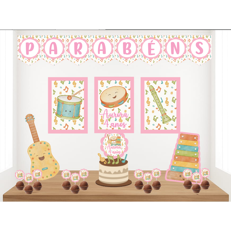 Kit Personalizado Festa Infantil Música Instrumento Musical Menina Decoração Aniversário Mesversário Só Um Bolinho