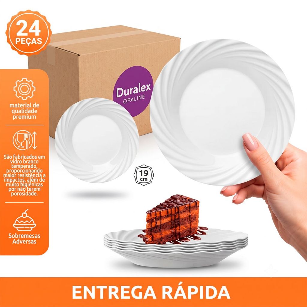 Kit Jogo 24 Pratos de Sobremesa Jasmim Duralex Conjunto Vidro Branco Redondo Opaline 19Cm
