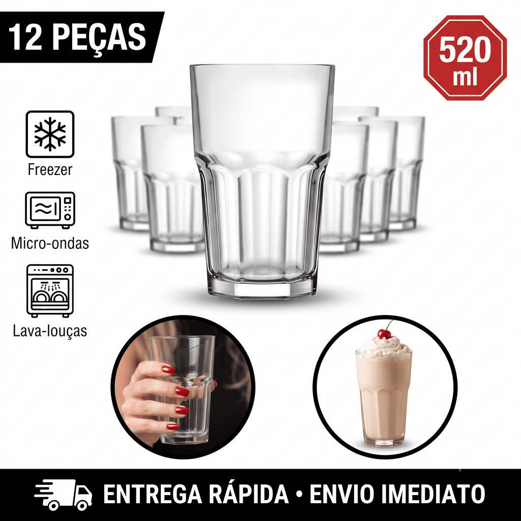 Kit Jogo de 12 Copos de Vidro Long Drink 520ml Bristol Nadir Canelado Água Suco Caipirinha Drink Refrigerante Bar