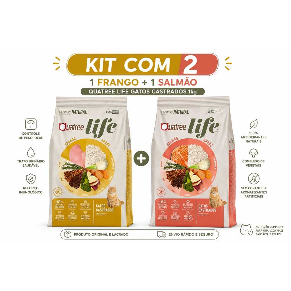 Kit com 2 Rações Quatree Life Gatos Castrados – Frango + Salmão (1kg cada)