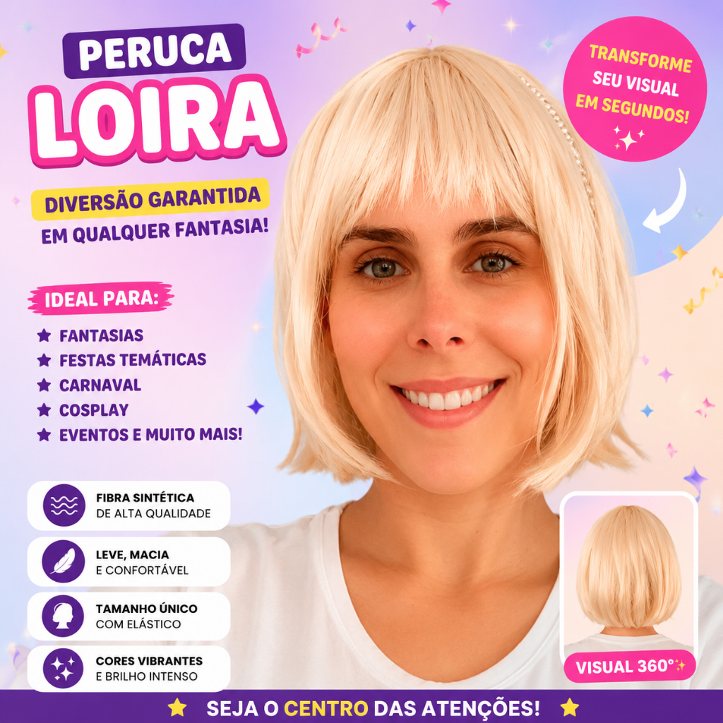 Peruca Curta Loira Fantasia Halloween Carnaval Teatro Acessório Estilosa Versátil Confortável Glamurosa
