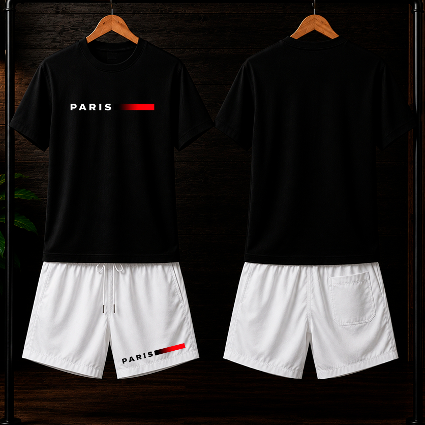 Conjunto Camiseta 100% algodão 30.1 + Bermuda Masculino Tactel Com elastano Estampado PARIS streetwear