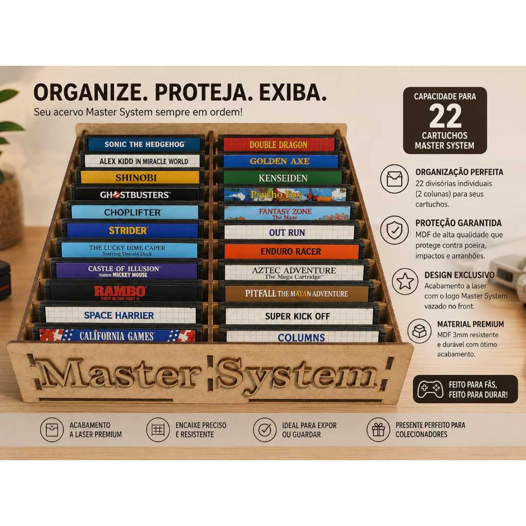 caixa porta fitas master system em mdf organizadora games cartuchos coleção jogos games retrô