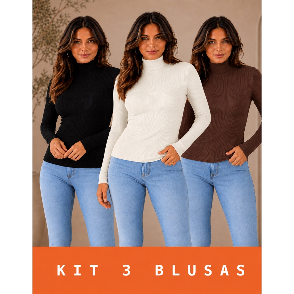 Blusa Feminina Gola Alta Canelada Manga Longa  Cacharrel Inverno Segunda Pele Frio Lisa Básica