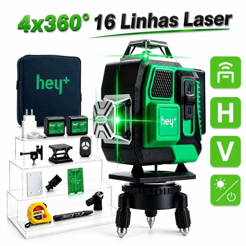 Nível a Laser 4D Heyplus 16 Linhas Verde 4x360° com Tripé, Controle Remoto, 2 Baterias Recarregáveis e Maleta