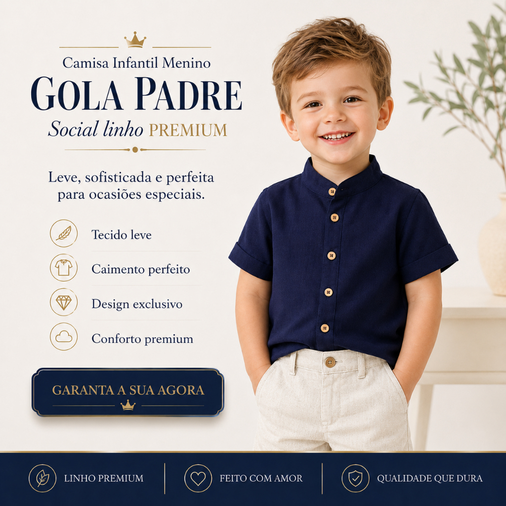 Camisa Infantil Menino GOLA PADRE Social linho PREMIUM leve | Caimento Perfeito e Design Exclusivo