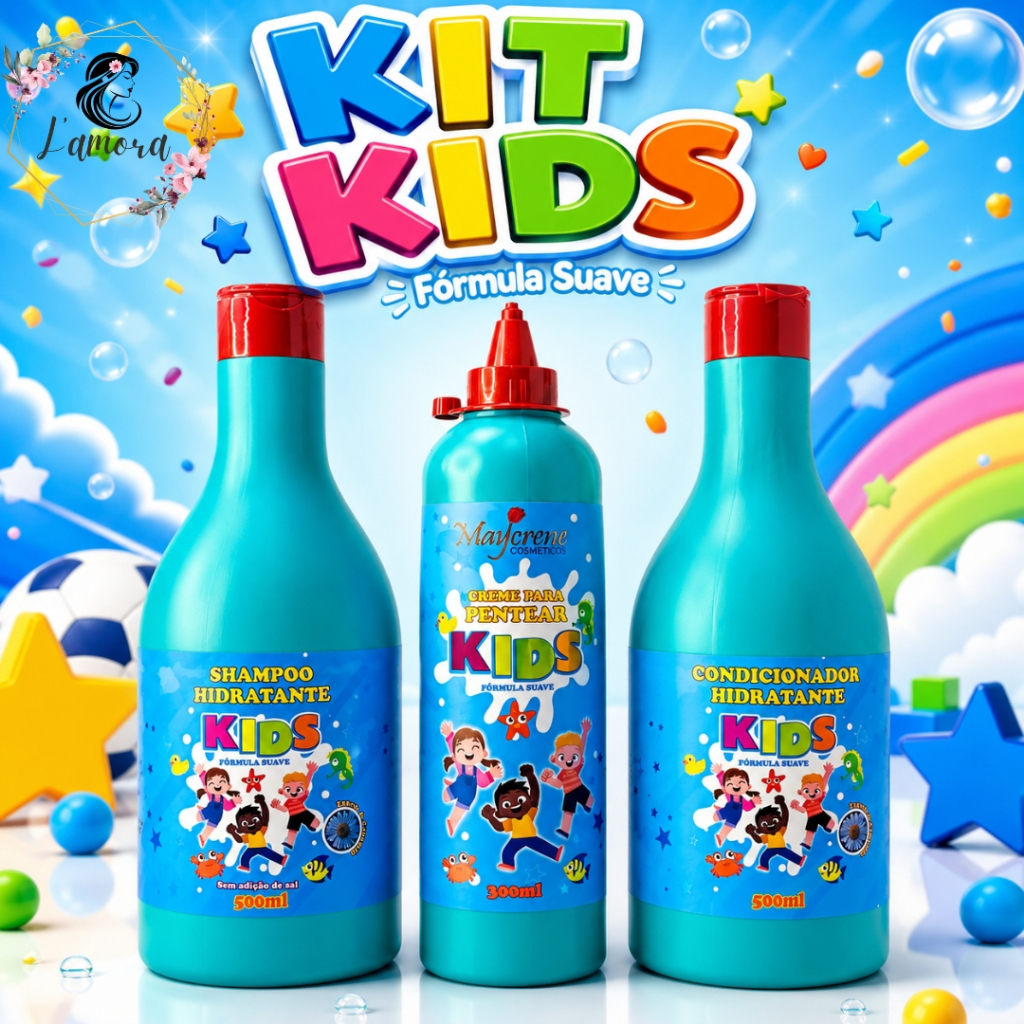 Kit Kids Hidratante (Shampoo 500ml + Condicionador 500ml + Creme de Pentear 300ml ) Maycrene