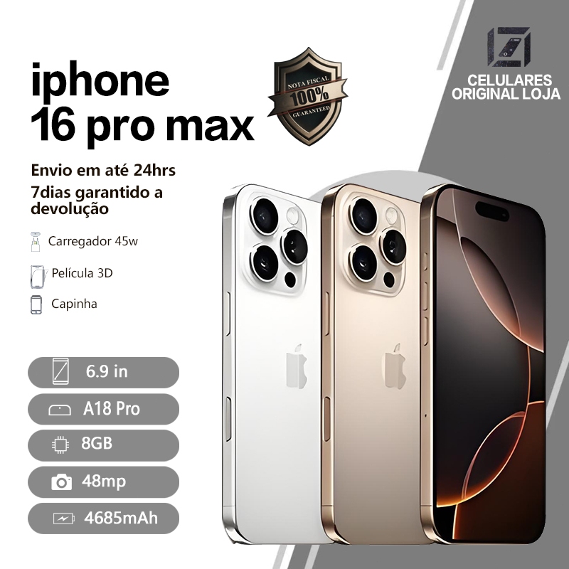 Celular iPhone 16 Pro Max 256GB 5G Dual eSIM Original 8GB RAM Tela 6.9" com Garantia e Nota Fiscal