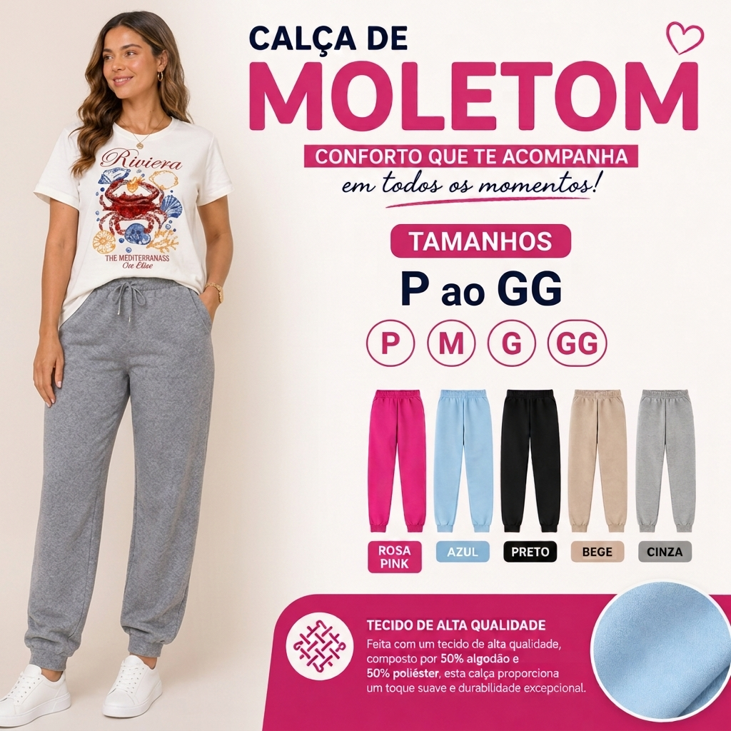 Calça de Moletom Feminina Jogger Sem Pelúcia Confortável Tecido Premium Alta Qualidade