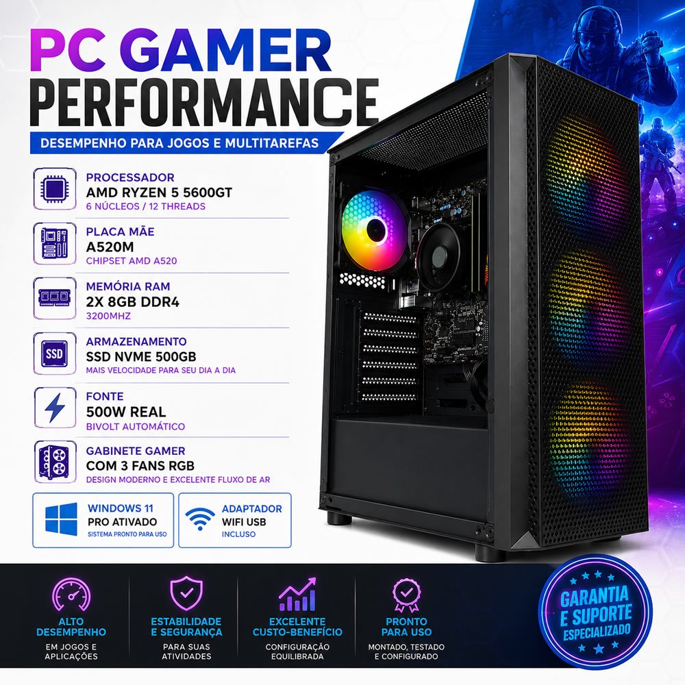 Pc Gamer Amd Ryzen 5 5600GT, Radeon™ Graphics Vega 7, 2x 8gb Ram, Nvme 500gb, Gabinete Rgb 3 Fans