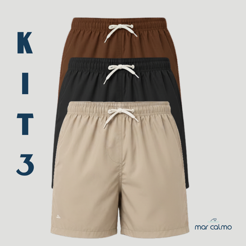 Kit 3 Short Elastano Premium Masculino 3 Bolsos Academia Corrida Praia Piscina