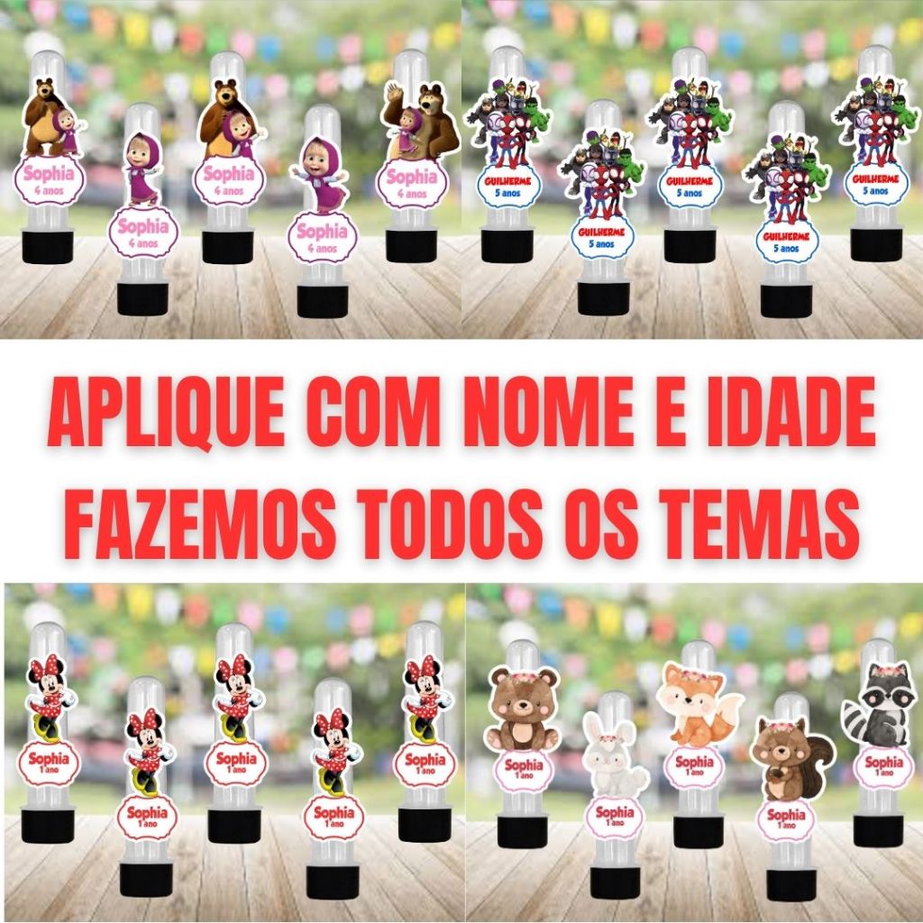 Apliques para TUBETES - FAZEMOS TODOS OS TEMAS Lembrancinha para festa infantil - Aplique Personalizado com NOME E IDADE