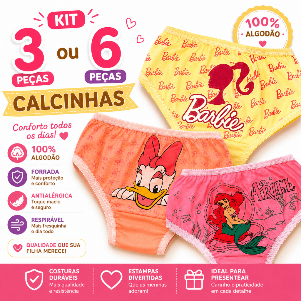 Kit Calcinha Infantil Menina Algodão Fio 30 Forrada Antialérgica Macia Confortável Dia a Dia 6-3 Unidades Personagens