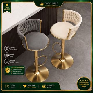 Banquetas Bar Giratórias Altura Ajustável Veludo Macio, Banqueta Ilha Cozinha Base Metal Dourado, Giro 360°