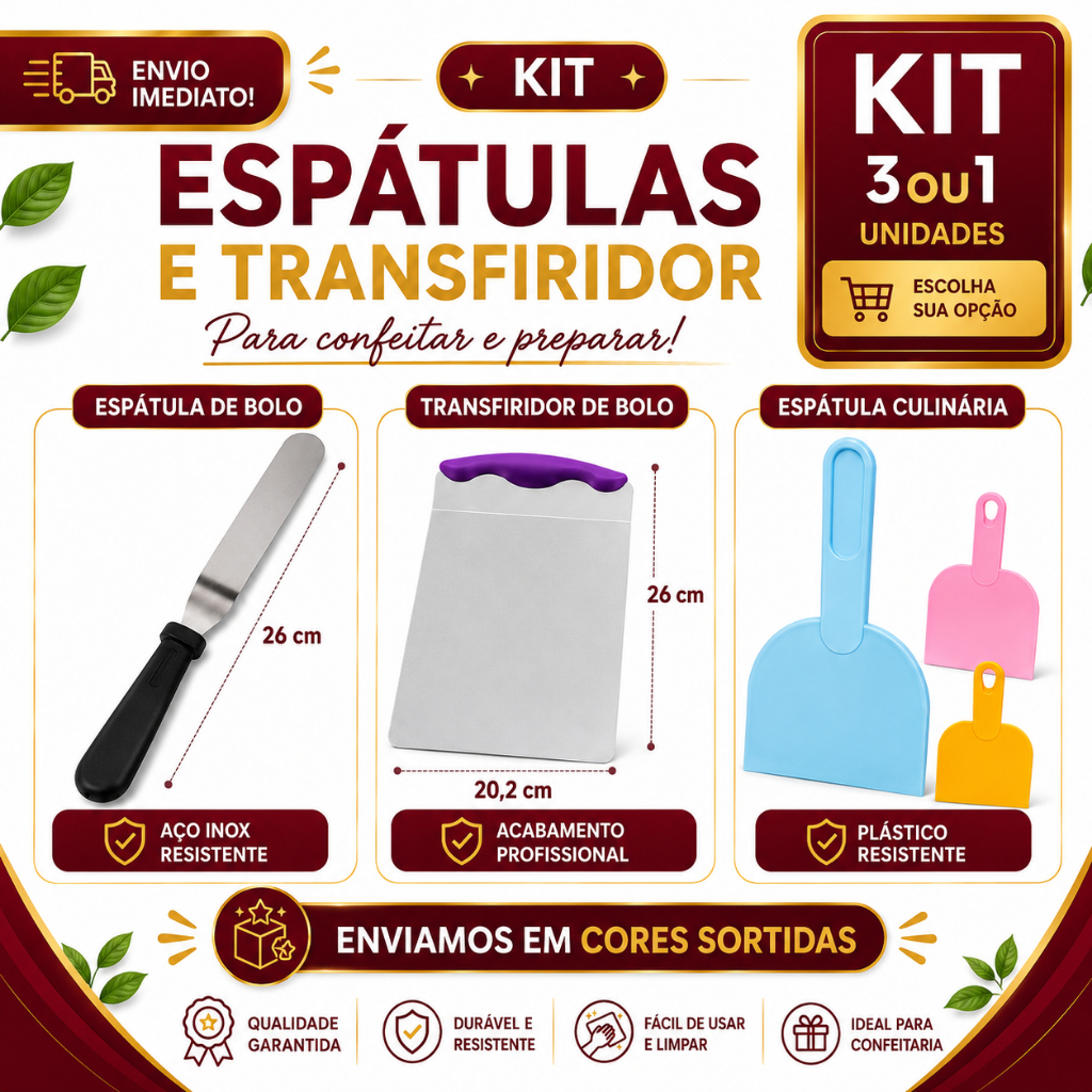 Confeitaria Espátula de Bolo Inox 26cm + Transferidor de Bolo + Espátula Plástica Cores Sortidas