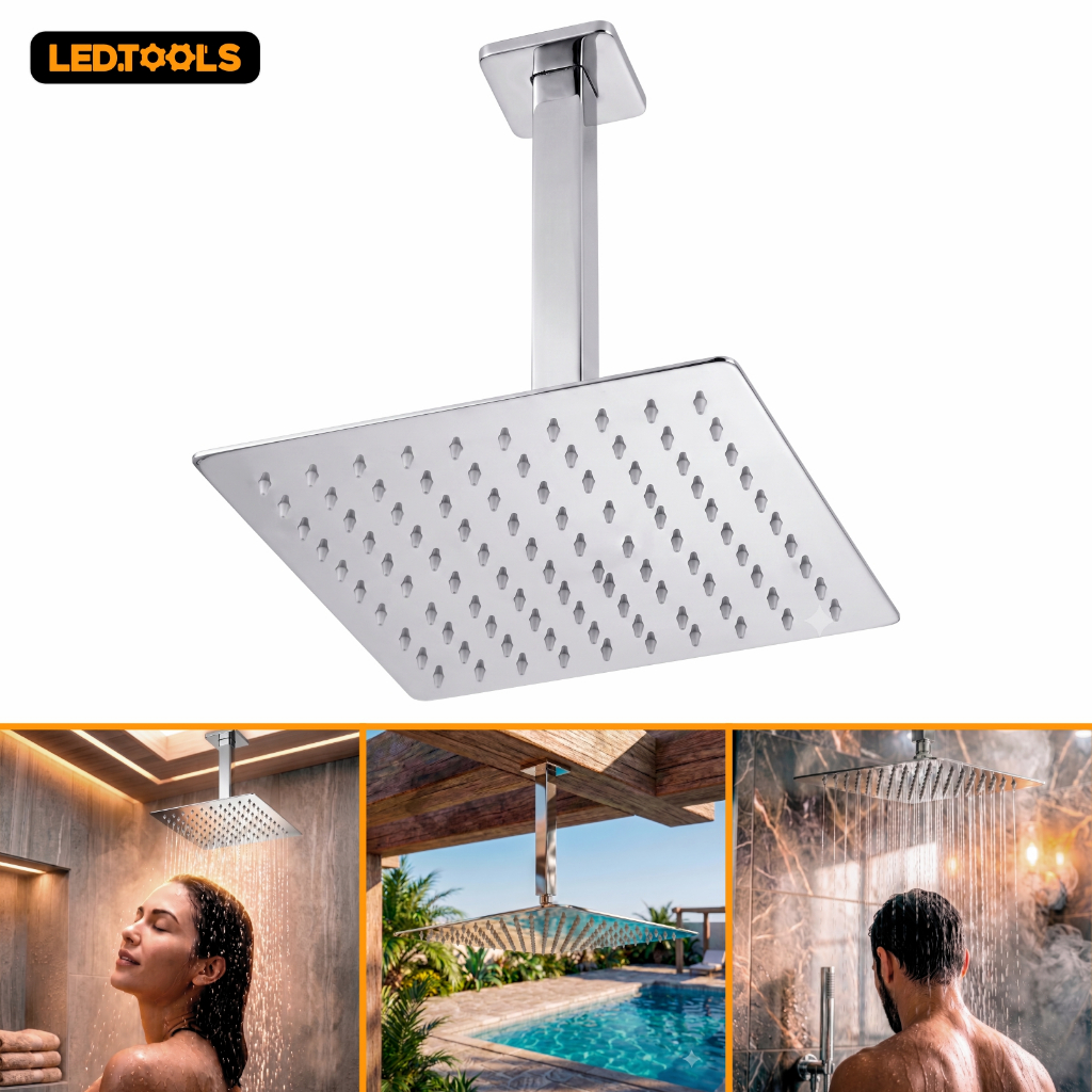 Ducha Chuveiro Quadrado Inox Com Braço Cromado 20x20 Teto