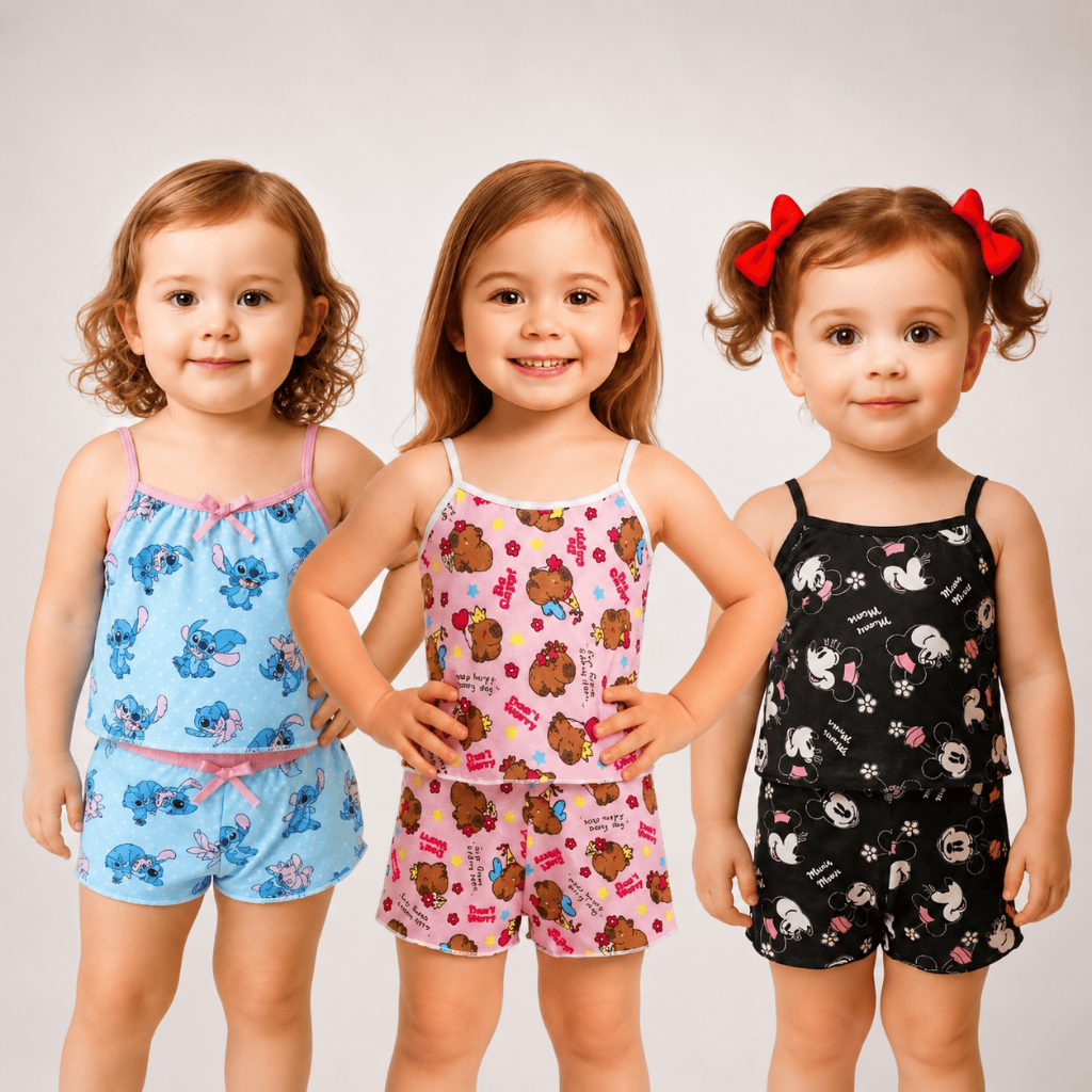 Kit 3 Pijama Infantil Menina Babydoll de Alcinha Microfibra Personagens Short Doll Roupa de Dormir